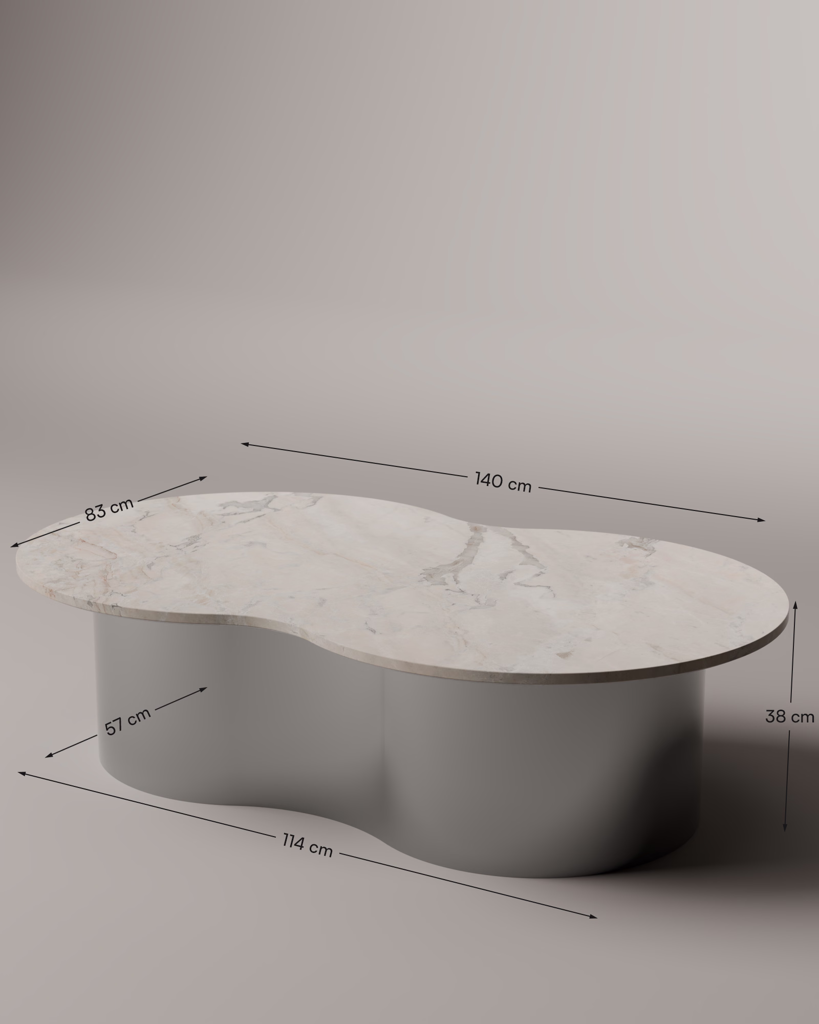 Stolik kawowy Cell z blatem z kwarcytu Fendi White, wymiary 140 × 83 × 38 cm, podstawa 114 × 57 cm